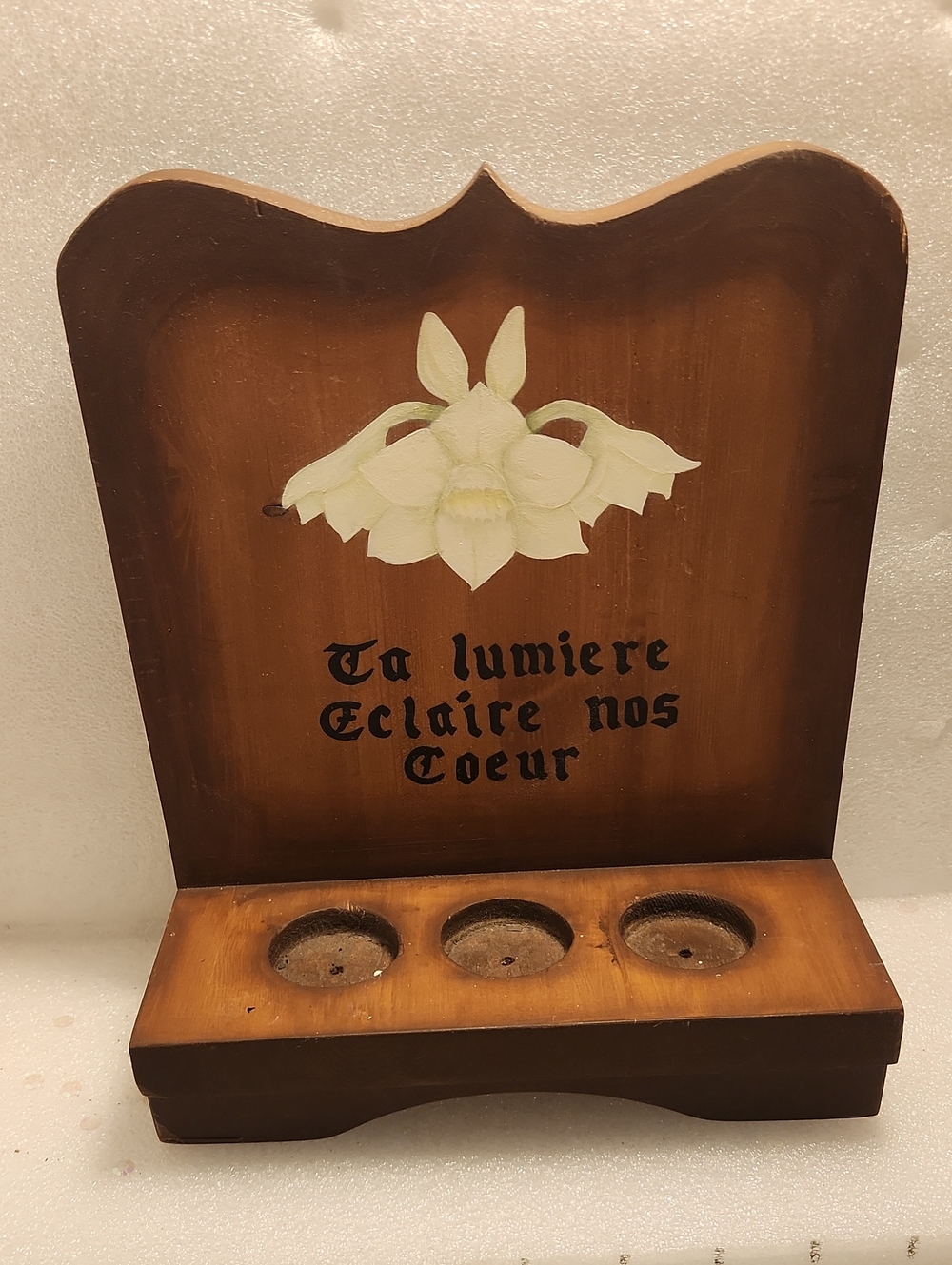 Wooden Brown Floral Candle Holder with French Script